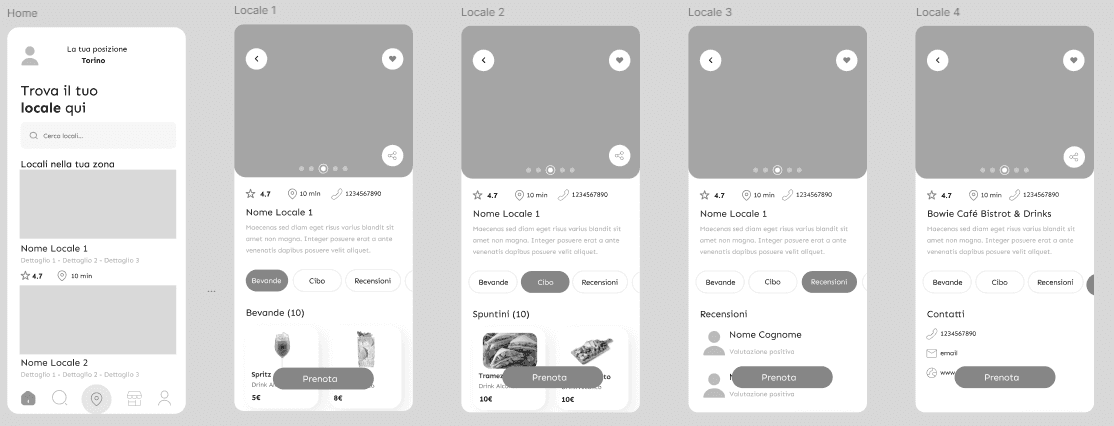 Wireframe digitali in scala di grigi su Figma delle schermate home e locale